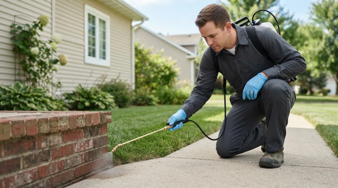 Pest control technician treating a home near Stanchfield, MN