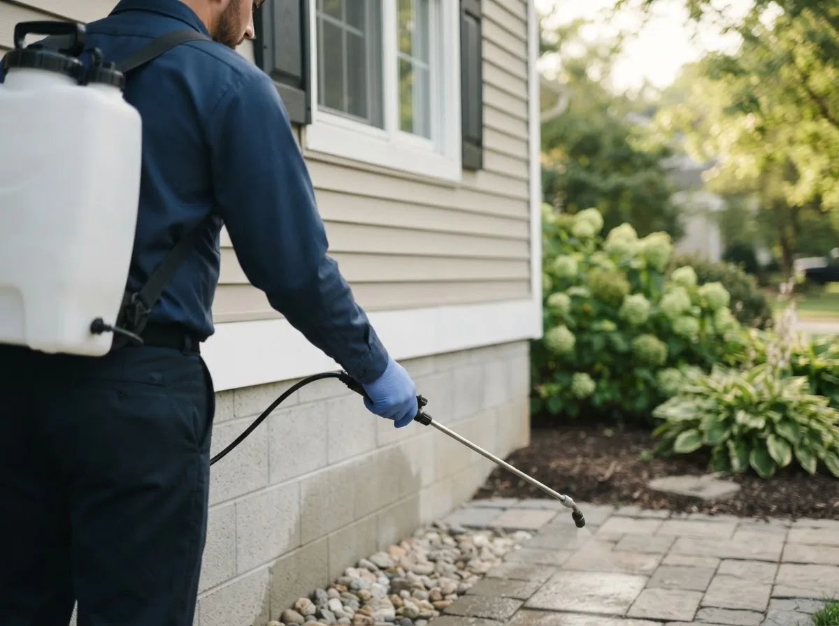 Pest control technician inspecting a home in Stanchfield, MN
